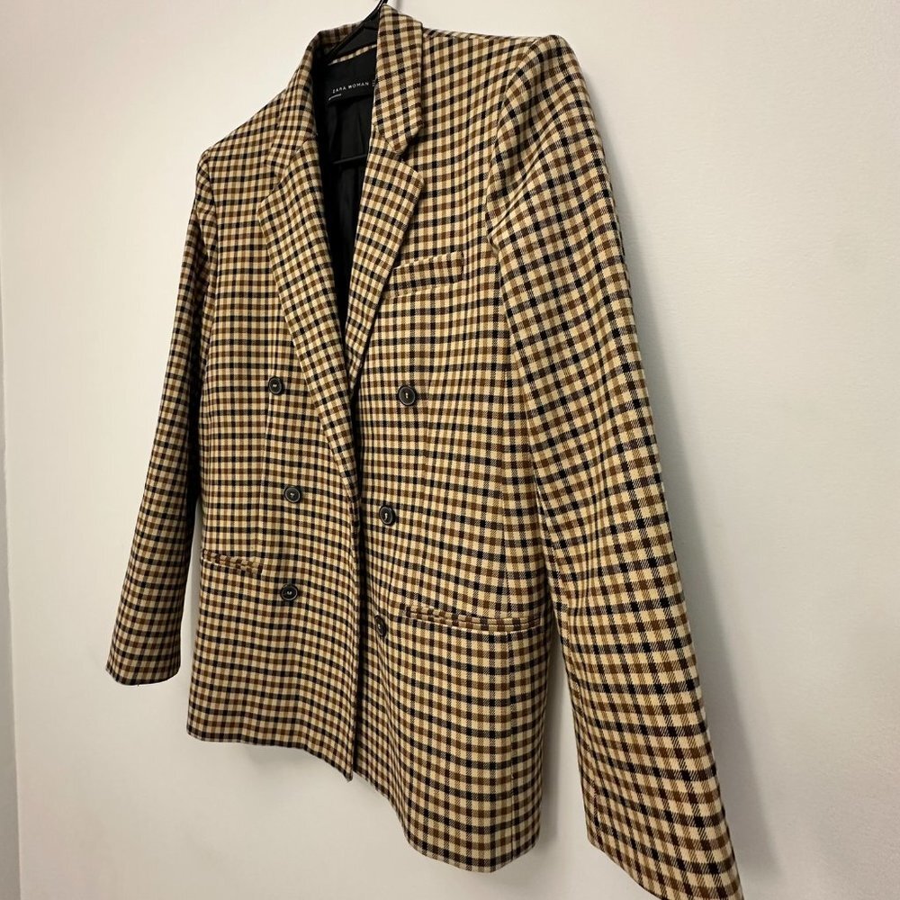 Zara Woman Double Breasted Plaid Blazer Brown Tan Academia Preppy Medium - Picture 8 of 16